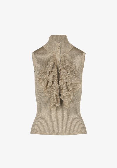 Top fără mâneci din tricot rib sistematizat, de culoare auriu metalic, cu un guler înalt, având un detaliu plisat în față și butoane decorative pe centru.