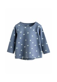 Chemise pour bébé à manches longues bleue avec des motifs d'étoiles blanches et deux boutons-pression aux épaules sur fond blanc.