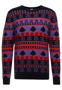 Stickad tröja med rund hals, flerfärgade mönster i lila, röd och svart med geometriska och blommönster genom hela.