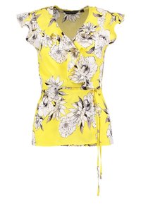 Blusa gialla avvolgente con stampa floreale bianca e nera, maniche corte a campana, scollatura a V e un nodo laterale in vita.
