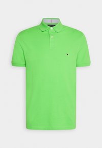 Polo vert en coton, avec un col classique, deux boutons et un petit logo sur la poitrine gauche. Texture lisse, manches courtes.