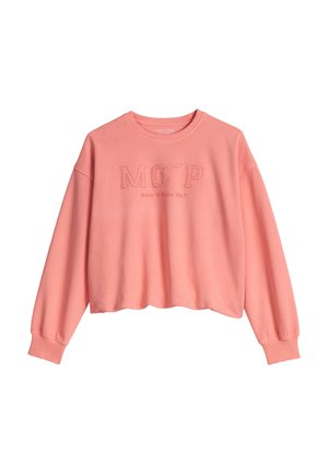 Sweat-shirt corail rose à manches longues avec col rond, poignets élastiques et "M O' P Marc O' Polo 1967" brodé sur le devant.