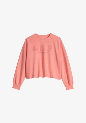 Bluza koraloworóżowa z długim rękawem, dekoltem typu crew neck, elastycznymi ściągaczami i haftem "M O' P Marc O' Polo 1967" z przodu.