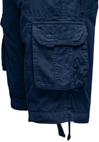 Marinefarbene Cargo-Shorts aus strukturiertem Stoff mit mehreren Taschen, einer Klapptasche am Oberschenkel und Bindebändern am Saum.