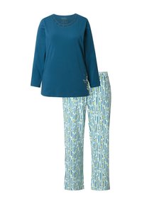 Kottan pyjamasæt bestående af en teal top med et mønstret halsudskæring og blomsteraccenter, parret med lyseblå bukser prydet med lodrette striber og blomsterdesigns.