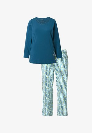 Baumwoll-Pyjama-Set mit einem türkisfarbenen Oberteil, das über einen gemusterten Ausschnitt und florale Akzente verfügt, kombiniert mit hellblauen Hosen, die mit vertikalen Streifen und floralen Designs verziert sind.