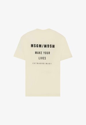 T-shirt a maniche corte color crema con testo stampato in nero sul retro: "MSGM/WDSW" e "RENDI LE TUE VITE STRAORDINARIE". Materiale in cotone lisci.
