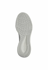 White rubber sneaker sole with textured grip pattern, featuring varying squares and lines for traction and stability. Smooth central area.