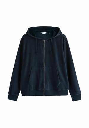 Dunkelblauer Reißverschluss-Hoodie aus weichem Fleece. Verfügt über eine Kordelzugkapuze, zwei Fronttaschen und gerippte Bündchen und Saum.