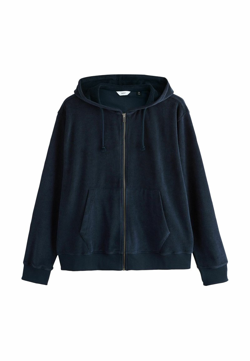 Felpa con zip di colore blu navy realizzata in morbido pile. Presenta un cappuccio con cordino, due tasche frontali e polsini e orlo a coste.