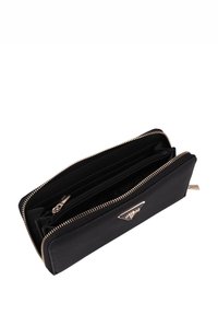 Black leather wallet with a textured finish, gold-tone zipper, and a front logo accent. Features multiple compartments inside.