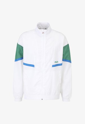 Weiße Windjacke mit grünen und blauen Akzenten, Reißverschluss, Stehkragen und elastischen Bündchen. Fila-Logo auf der linken Seite.