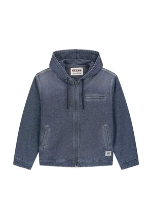 Bluza z kapturem na suwak z denimu, kaptur z regulowanym sznurkiem, dwie przednie kieszenie oraz mała kieszonka na piersi, z etykietą marki Guess wewnątrz kołnierza.