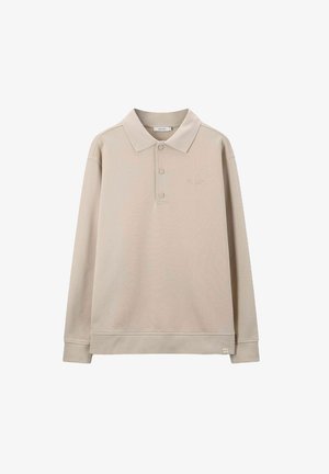 Beige longsleeve poloshirt gemaakt van zachte stof, met een klassieke kraag, drie knopen en een subtiele logodetail op de borst.