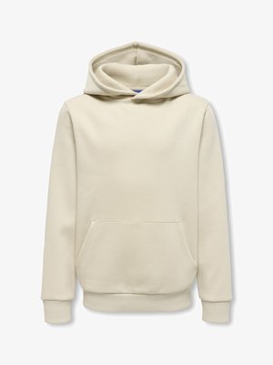 Sudadera beige con capucha, bolsillo tipo canguro en la parte delantera, mangas largas y puños y dobladillo acanalados.