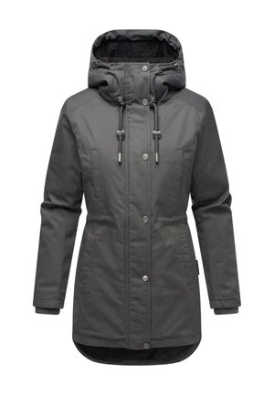 Parka grise avec capuche à cordon de serrage, doublure texturée, boutons pression et poches latérales. Présente un ourlet légèrement courbé et une coupe ajustée.