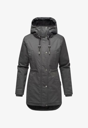 Grijze parka met een koordcapuchon, textuur voering, drukknoopsluitingen en zijzakken. Heeft een licht gebogen zoom en een getailleerde pasvorm.