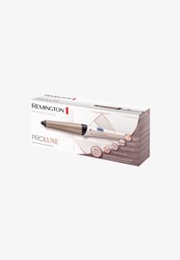 Remington ProLuxe hårstylerförpackning i vitt, roséguld och svart; innehåller produktnamn och ikoner som visar funktionalitet och egenskaper.