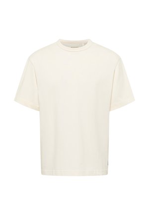 Plain off-white short-sleeve crew neck t-shirt, relaxed fit, with subtle Mustang brand label inside the collar and side seam.