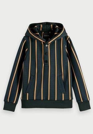 Hættebluse i mørkegrøn med lodrette orange striber. Har en knappet frontlukning og sidelommer. Blød stof tekstur.