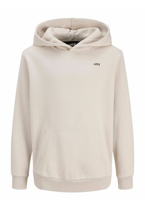 Beige hættetrøje med frontlomme og lille "JJXX" logo på venstre bryst, lange ærmer samt ribkant ved ærmer og bund.