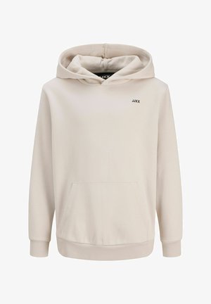 Beżowa bluza z kapturem z przednią kieszenią typu kangur i małym logo "JJXX" na lewej piersi, z długimi rękawami oraz ściągaczami na rękawach i u dołu.