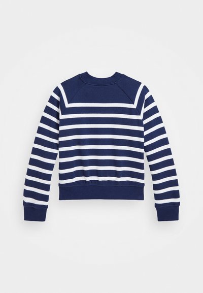 Felpa blu navy con strisce orizzontali bianche, collo rotondo, polsini e orlo a coste, realizzata in un morbido misto cotone, design casual.