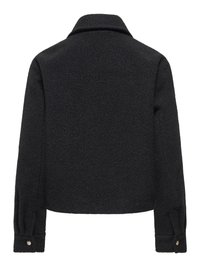 Veste en laine noire texturée à manches longues, poignets boutonnés et col large, vue de dos sur un fond blanc.