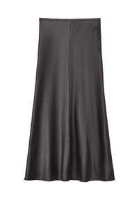 Gonna midi in satin nera con silhouette a trapezio, texture liscia e zip sul retro nascosta. Nessun motivo o dettaglio visibile.