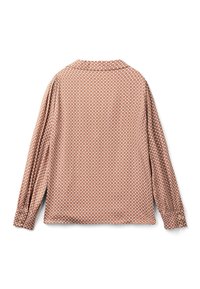 Brun mönstrad långärmad skjorta med krage. Har vita geometriska mönster och knappade ärmslut, tillverkad av lättviktsmaterial.