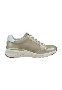 Sneaker mit einem Obermaterial aus beigem Leder, metallischen Akzenten, weißer Ferse und runden Schnürsenkeln. Merkmale sind strukturierte Einsätze und eine gepolsterte Sohle.