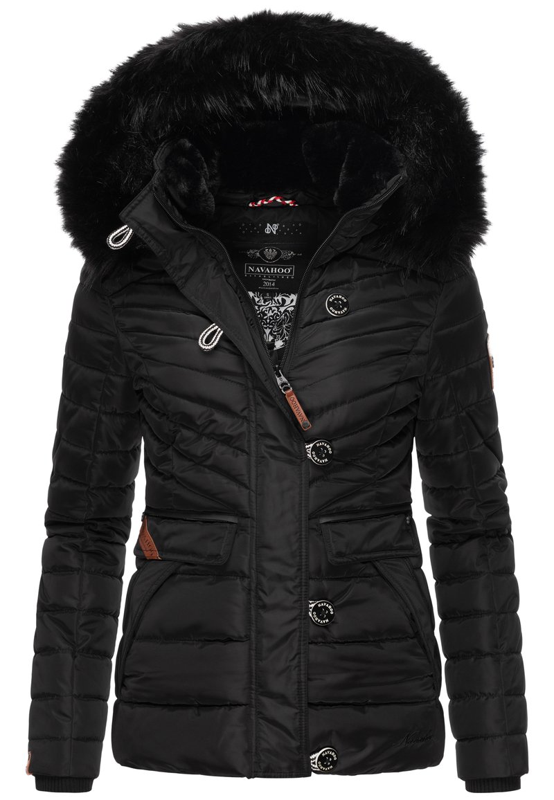 Black puffer jacket with a faux fur hood, snap closures, two front pockets, and a quilted texture. Features branded accents and a zip front.