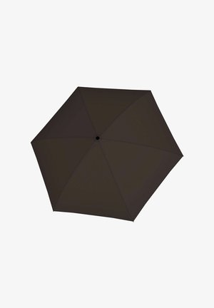 Bruine octagonale paraplu met een glad stoffen canopy en een centrale zwarte knop. Geen zichtbare patronen of accenten.