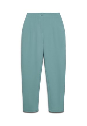 Pantaloni leggeri verde menta con taglio dritto, dotati di due tasche frontali, chiusura con bottone e una texture liscia.