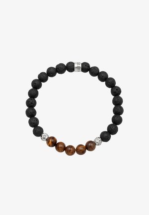 Bracelet avec des perles rondes en lave noire, cinq perles polies en œil de tigre brun, deux perles intercalaires argentées texturées, et une perle argentée gravée "Kuzzo".