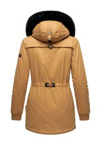 Tan parka jacket with a black faux fur hood, drawstring waist, and elastic cuffs. Features a back yoke and black hardware accents.