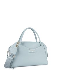 Borsa a mano in pelle azzurro chiaro con due manici e una tracolla regolabile. Presenta un design strutturato, una superficie liscia e accessori in metallo dorato.