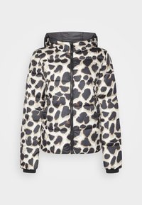 Puffer-takki mustavalkoisella leopardi-kuosilla, jossa on vetoketju edessä, huppu ja joustavat hihansuut turvalliseen istuvuuteen.