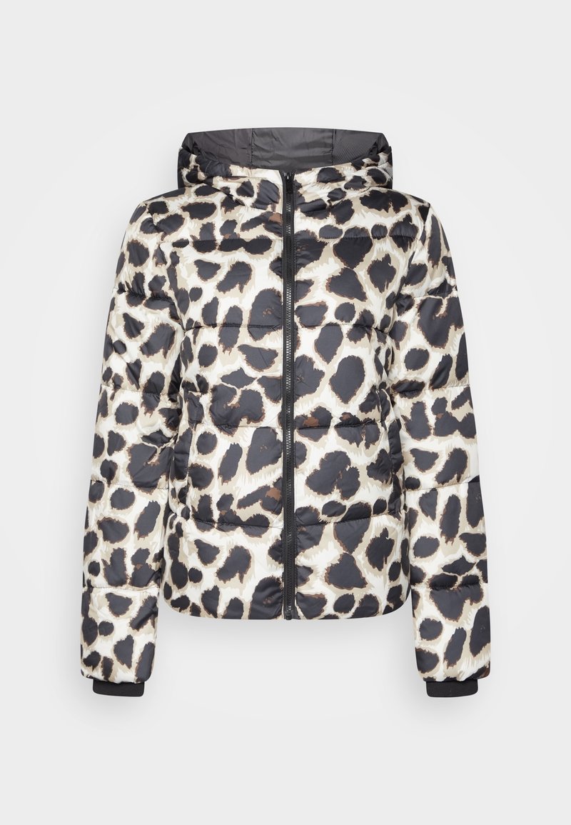 Puffer-takki mustavalkoisella leopardi-kuosilla, jossa on vetoketju edessä, huppu ja joustavat hihansuut turvalliseen istuvuuteen.