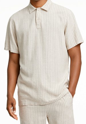 Beige Poloshirt mit kurzen Ärmeln und Kragen, ausgestattet mit feinen blauen vertikalen Streifen. Hergestellt aus strukturiertem Stoff mit lockerer Passform.