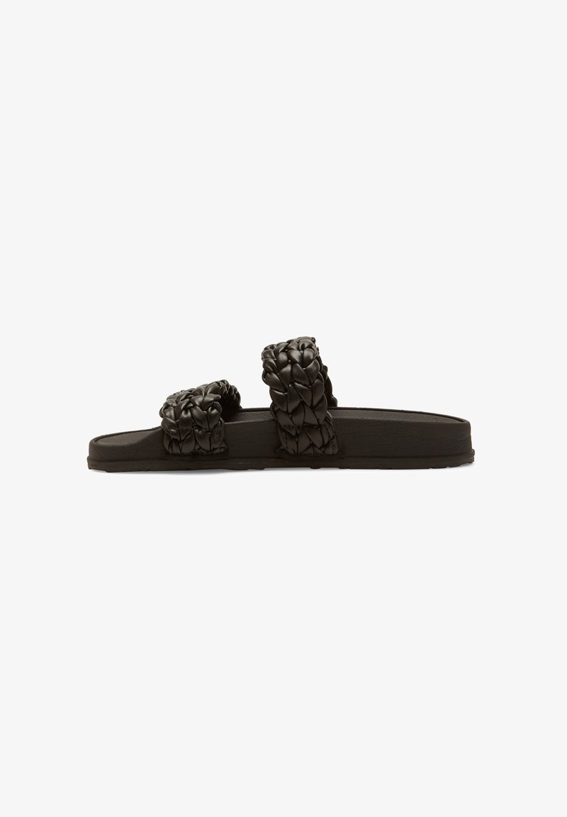 Black slide sandals with two wide woven straps, featuring a textured, padded design. Flat soles with a matte finish.