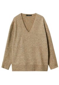 Pull à col en V et manches longues en maille mélange marron clair. Texture douce avec ourlet et poignets côtelés, fabriqué dans un matériau confortable.