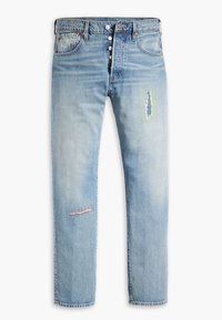 Jeans in denim azzurro chiaro con design a gamba dritta, caratterizzati da dettagli consumati e toppe sfrangiate sul davanti. Bottoni in vita.