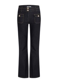 Jeans a zampa d'elefante in denim blu scuro con vita alta, dotati di doppio bottone frontale, due tasche anteriori e dettagli di cucitura a contrasto.