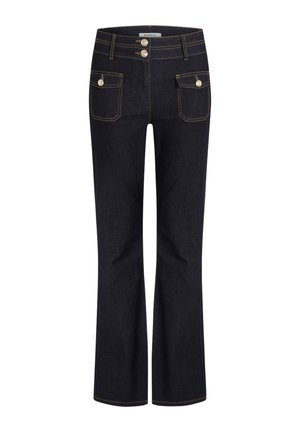 Jeans a zampa d'elefante in denim blu scuro con vita alta, dotati di doppio bottone frontale, due tasche anteriori e dettagli di cucitura a contrasto.