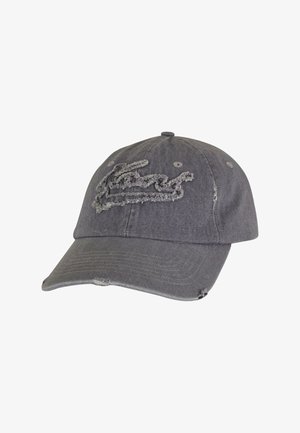 Grå bomuldsbaseballcap med en slidstærk skygge og tekstureret logo-broderi på forsiden, samt ventilationshuller på toppen.