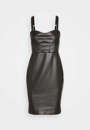 Μαύρο φόρεμα από τεχνητό δέρμα με εφαρμοστή σιλουέτα, λεπτές τιράντες και δομημένο, επενδεδυμένο μπούστο με κάθετες ραφές. Λείος υφασμάτινος καμβάς.