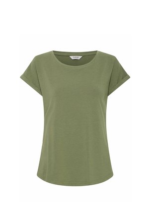 Olivno zelena T-majica iz mehkega bombaža, ki ima okroglo ovratnico, kratke zvite rokave in ohlapno prileganje z gladko teksturo.