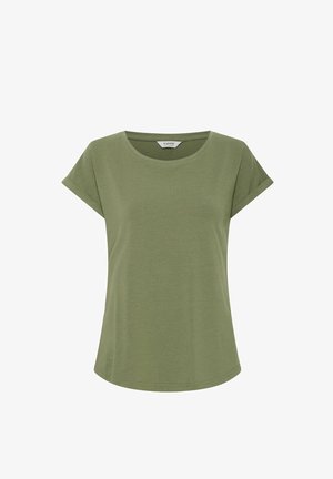 Olive green T-shirt made of soft cotton, featuring a round neckline, short rolled sleeves, and a relaxed fit with a smooth texture.