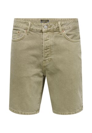 Béžové džínové šortky po kolena s předním knoflíkem, zipem, poutky na pásek a pěti kapsami.